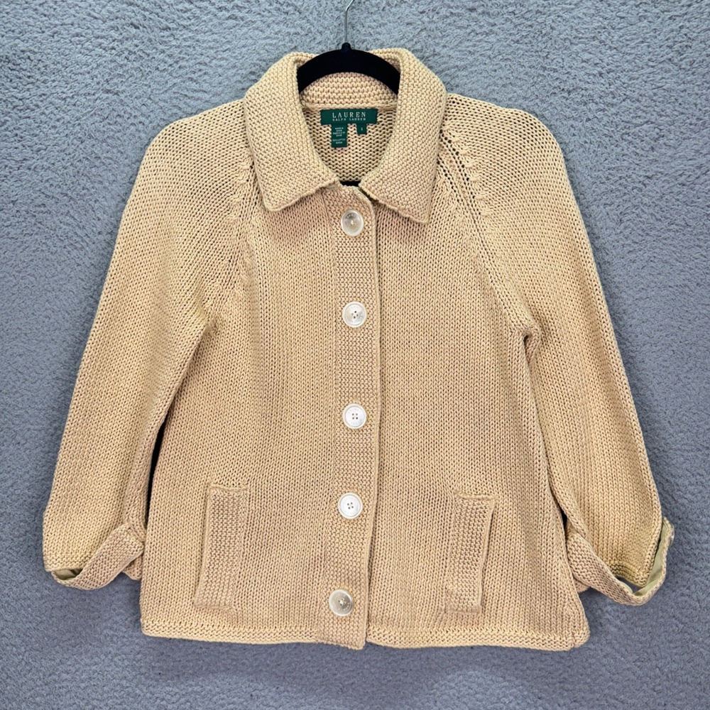 Lauren Ralph Lauren Sweater Womens S Beige Chunky Knit Button Front Cardigan
